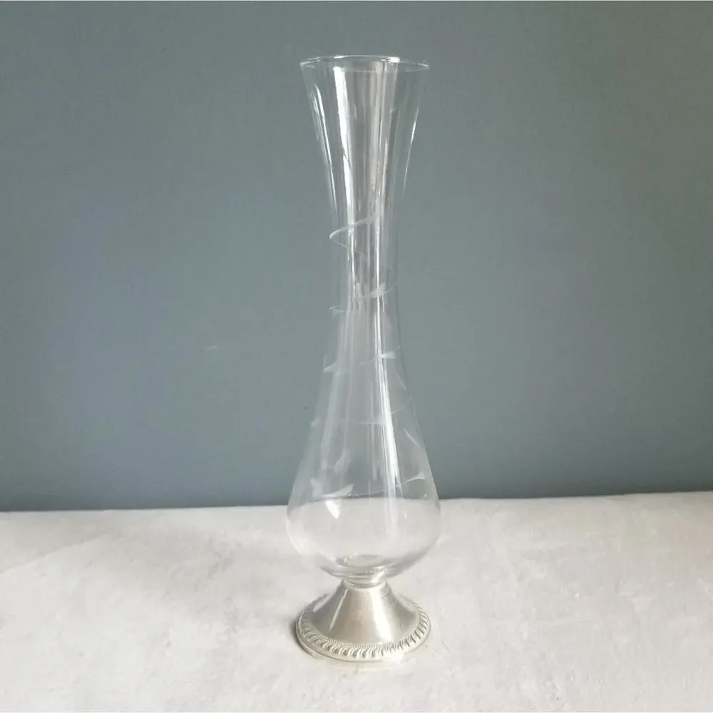 Vtg DUCHIN Sterling Silver Weighted Glass Bud Vase Etched MCM Flower Mid-Century